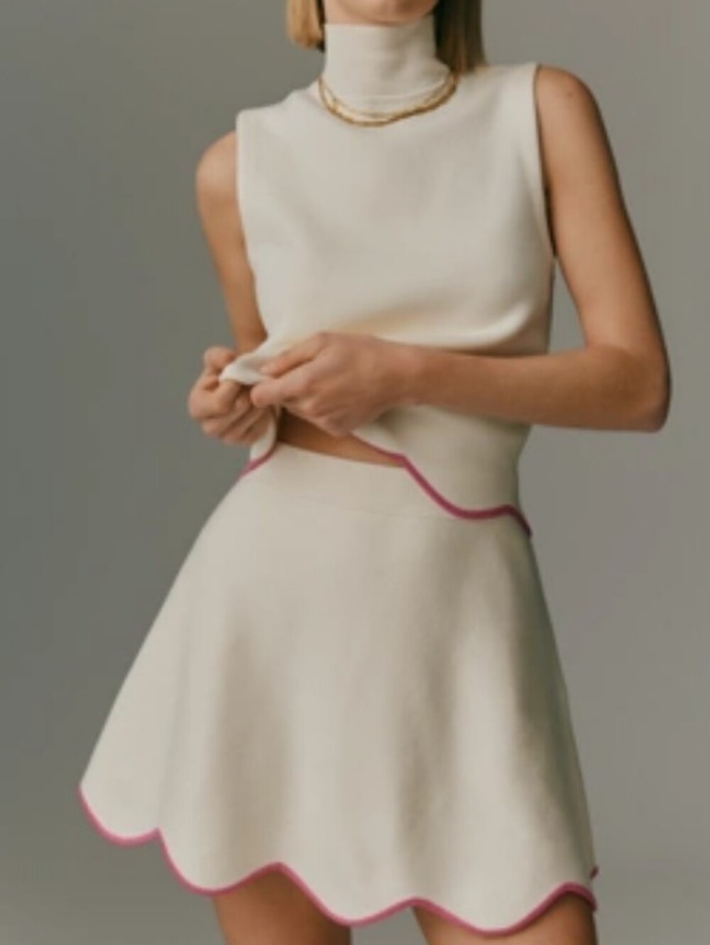NWT Maeve Cream Scalloped Mini Skirt with Pink Trim